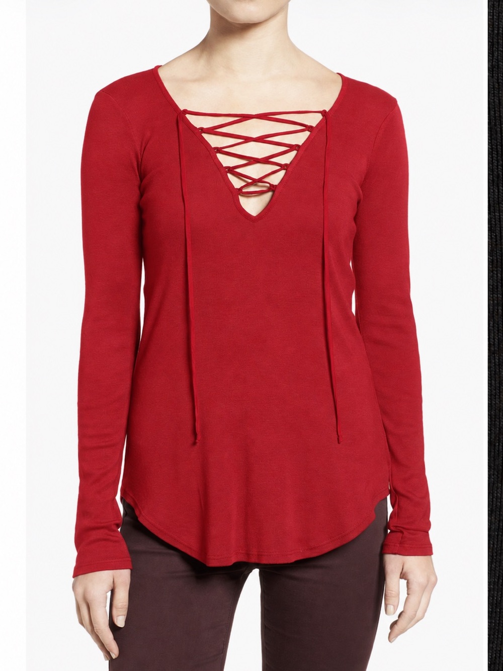 Splendid Red Lace-Up V-Neck Long Sleeve Top